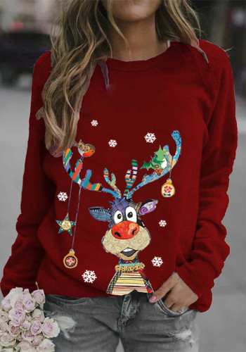Christmas Women's Cartoon Reindeer Print Long Sleeve Street Round Neck Top