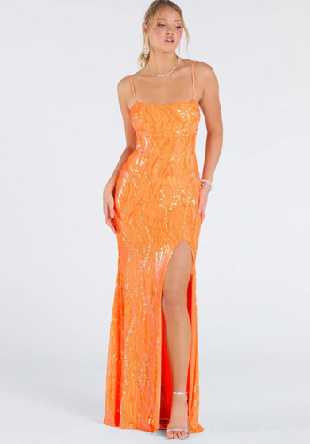 Women's Fashion Sexy Strap Low Back High Slit Sequin Evening Dress