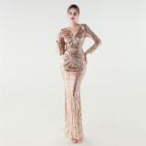 Women Long Sleeve Sequined Formal Party Evening Dress