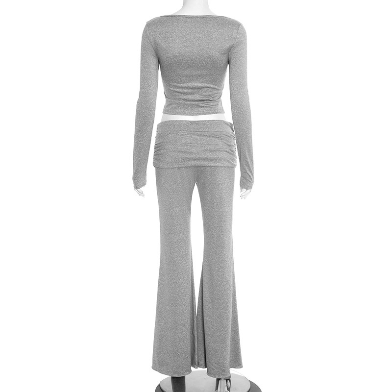 Women Autumn/Winter Square Neck Button Solid Top and Bell Bottom Pant Two-Piece Set