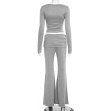 Women Autumn/Winter Square Neck Button Solid Top and Bell Bottom Pant Two-Piece Set