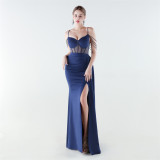 Women Herringbone Mesh Beaded Formal Party Evening Dress