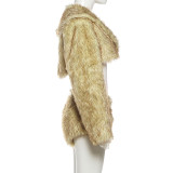 Women Winter Sexy Fur Turndown Collar Crop Top Shorts Two-Piece Set