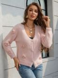 Autumn Winter Women's V-Neck Floral Knit Cardigan