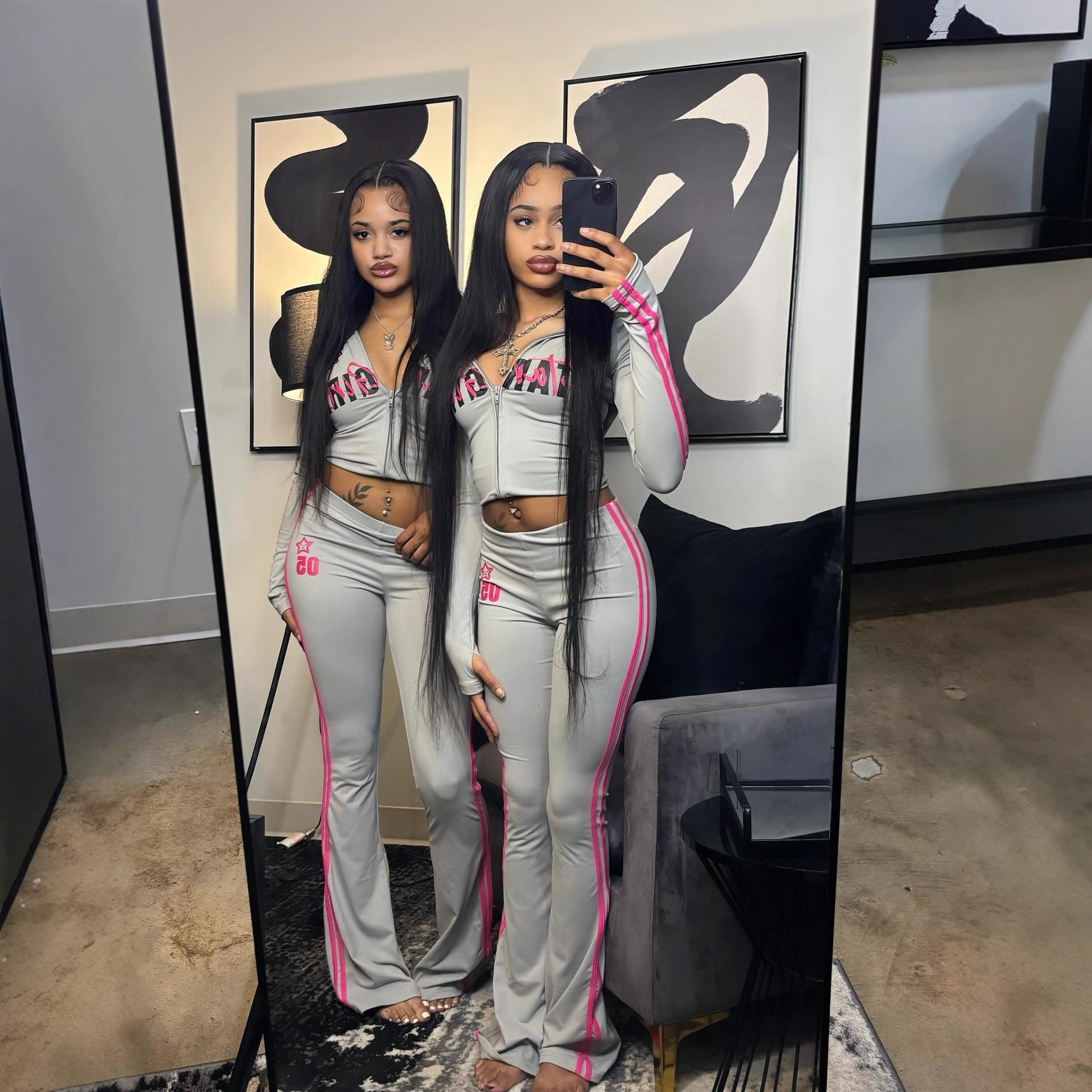 Women Casual Color Block Printed Zipper Hooded Top and Pants Two-Piece Set