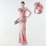 Women's Feather One-Shoulder Sequin Fitted Mermaid High Slit Formal Party Evening Gown