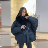 Women Autumn/Winter Long-Sleeve Detachable Fur Collar Patchwork Tie-Up Jacket