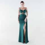 Women Herringbone Mesh Beaded Formal Party Evening Dress