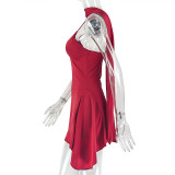 Women Pleated Solid Sexy Halter Neck V-Neck Sleeveless Dress