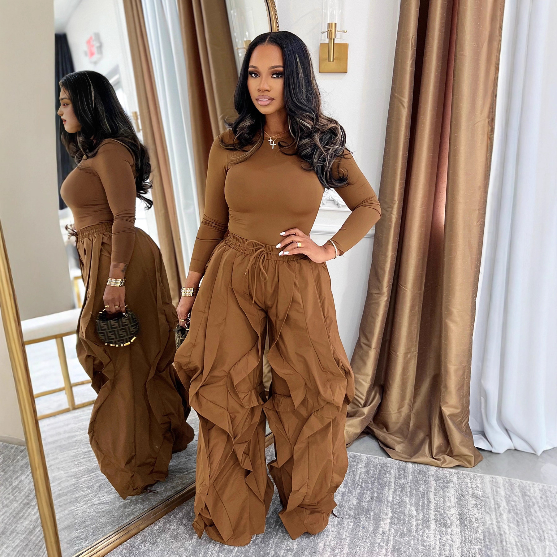 Women Autumn/Winter Long Sleeve Top and Layers Wide-Leg Pant Two-Piece Set