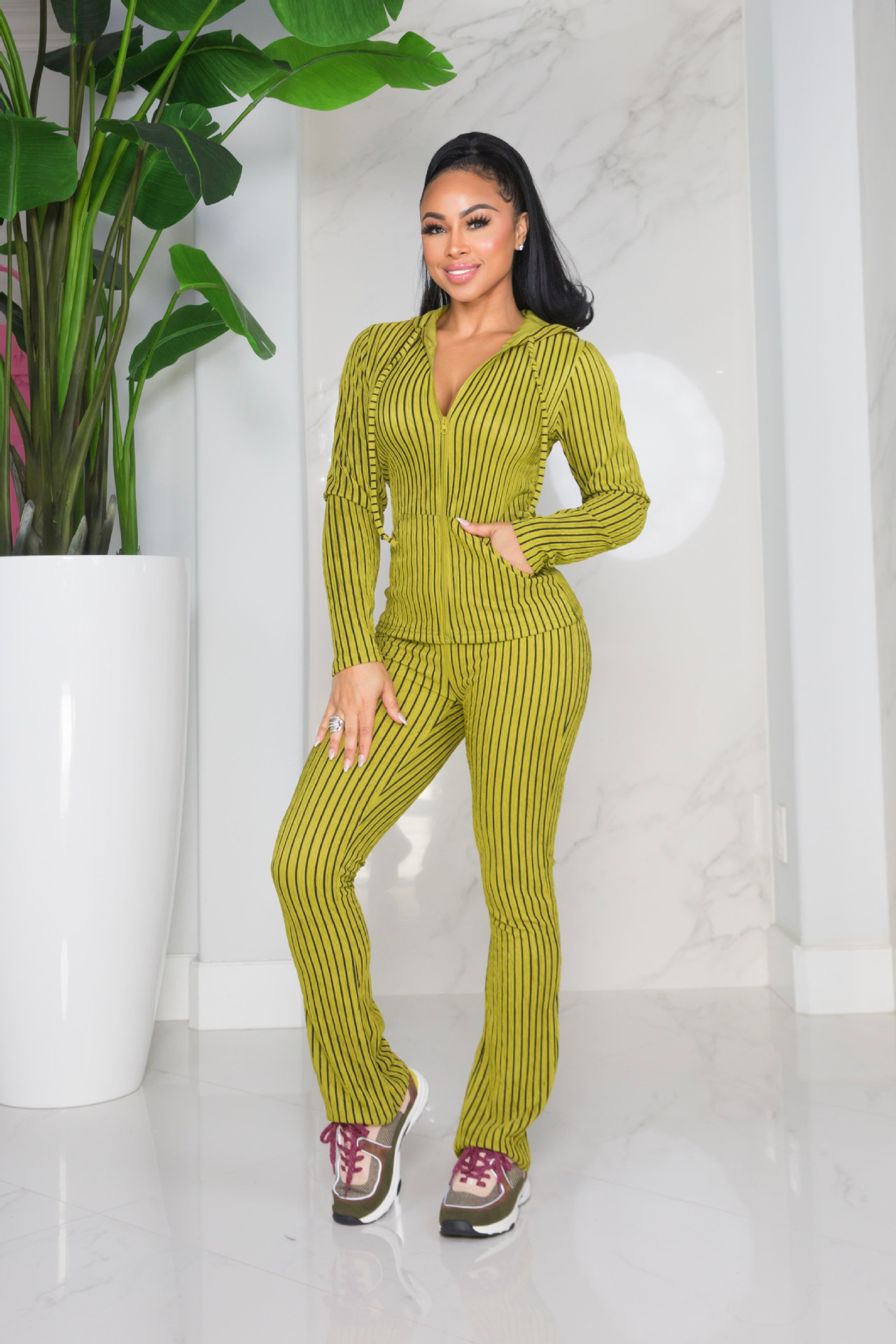 Autumn Winter Women's High Stretch Ribbed Print Hooded Pocket Casual Sport Homewear Set