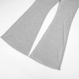 Women Autumn/Winter Square Neck Button Solid Top and Bell Bottom Pant Two-Piece Set