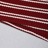 Women Autumn Striped Long-Sleeved Top and Shorts Two-Piece Set