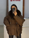 Women Autumn/Winter Long-Sleeve Detachable Fur Collar Patchwork Tie-Up Jacket