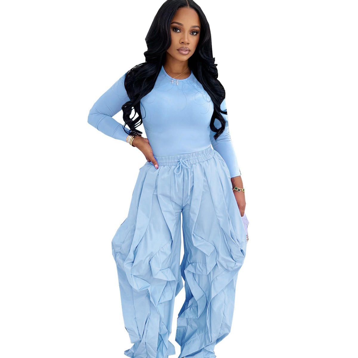 Women Autumn/Winter Long Sleeve Top and Layers Wide-Leg Pant Two-Piece Set