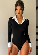 Women Sexy Black and White Color Block Turndown Collar Patchwork Bodysuit