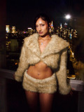 Women Winter Sexy Fur Turndown Collar Crop Top Shorts Two-Piece Set