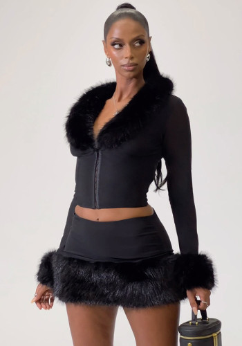 Women Autumn/Winter Sexy Furry V-Neck Long-Sleeved Crop Top and Bodycon Skirt Two-Piece Set