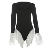 Women Autumn/Winter Round Neck Color Block Long Sleeve Lace Jumpsuit