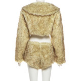 Women Winter Sexy Fur Turndown Collar Crop Top Shorts Two-Piece Set