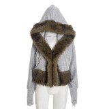 Women Autumn/Winter Hooded Fur Patchwork Pocket Long Sleeve Jacket