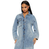 Women Stretchy Long-Sleeved Denim Bell Bottom Jumpsuit
