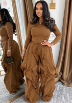 Women Autumn/Winter Long Sleeve Top and Layers Wide-Leg Pant Two-Piece Set