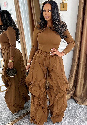 Women Autumn/Winter Long Sleeve Top and Layers Wide-Leg Pant Two-Piece Set