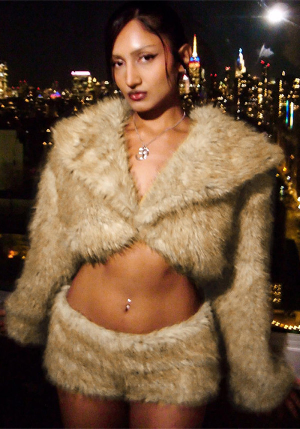 Women Winter Sexy Fur Turndown Collar Crop Top Shorts Two-Piece Set