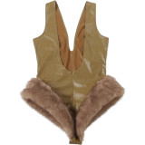 Women Autumn/Winter Sexy V-Neck Pu-Leather Slip-on Jumpsuit