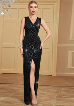 Women's Sexy V-Neck Slit Sequin Bodycon Chic Formal Party Evening Gown