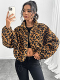 Women Autumn/Winter Zipper Leopard Print Furry Jacket