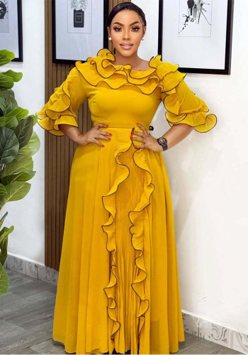 Women's Fashion Off-Shoulder Chiffon Ruffle Slim Waist A-Line Pleated Maxi Formal Party Dress