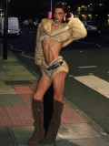 Women Winter Sexy Fur Turndown Collar Crop Top Shorts Two-Piece Set
