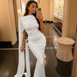 Women Autumn/Winter Sexy Ribbon Pleated Solid Maxi Dress