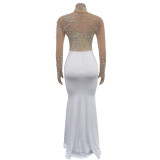 Women Solidmesh Beaded Slit Maxi Dress