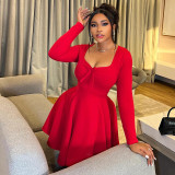 Women Pleated Long-Sleeve Solid Dress