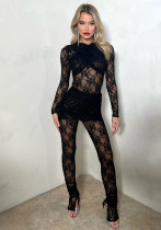 Women Patchwork Lace See-Through Jumpsuit and Skirt Two-Piece Set