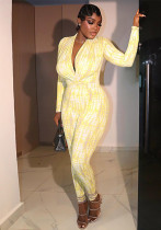 Women Printed Pleated Long-Sleeve V-Neck Color Block Jumpsuit