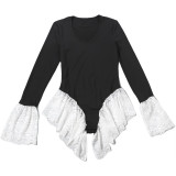 Women Autumn/Winter Round Neck Color Block Long Sleeve Lace Jumpsuit