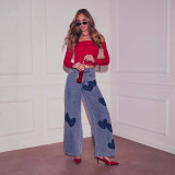 Women Spring/Summer Heart Print Casual Denim Wide-Leg Pants