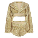 Women Winter Sexy Fur Turndown Collar Crop Top Shorts Two-Piece Set