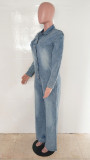Women Stretchy Long-Sleeved Denim Bell Bottom Jumpsuit