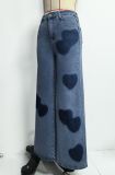 Women Spring/Summer Heart Print Casual Denim Wide-Leg Pants