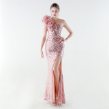 Women's Feather One-Shoulder Sequin Fitted Mermaid High Slit Formal Party Evening Gown