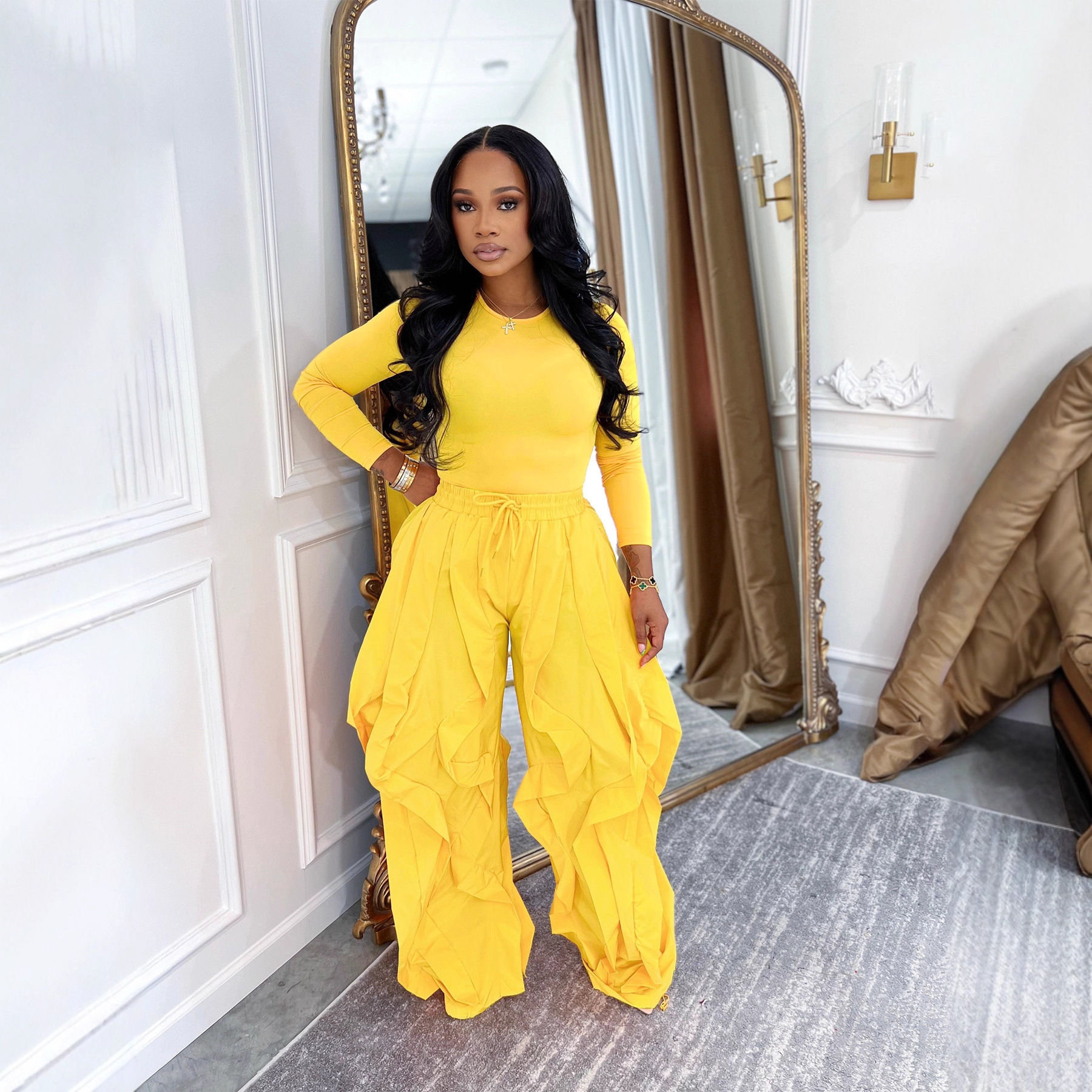 Women Autumn/Winter Long Sleeve Top and Layers Wide-Leg Pant Two-Piece Set