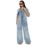 Women Stretchy Long-Sleeved Denim Bell Bottom Jumpsuit