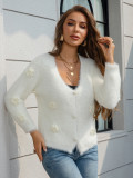 Autumn Winter Women's V-Neck Floral Knit Cardigan