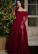 Women Elegant Lace-sleeved off-shoulder Maxi Dress