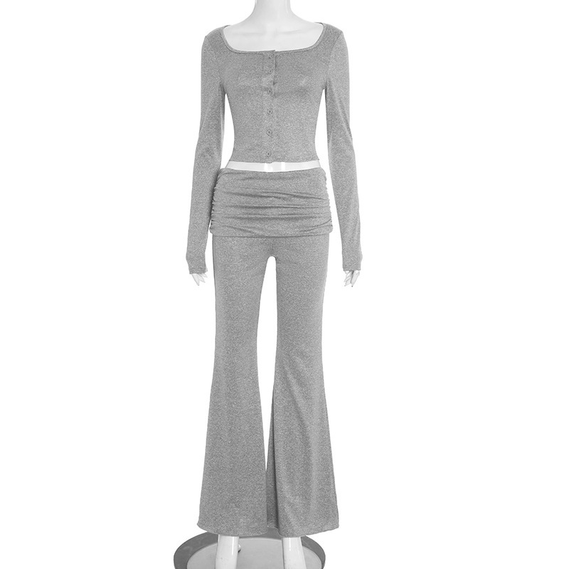 Women Autumn/Winter Square Neck Button Solid Top and Bell Bottom Pant Two-Piece Set